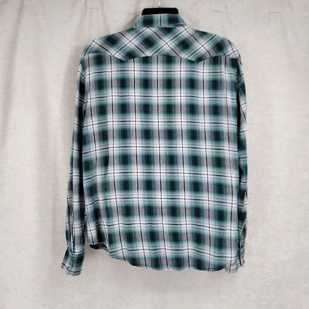 Wrangler Green Black Flannel Long Sleeve Western Pearl Snap Shirt Men's XL